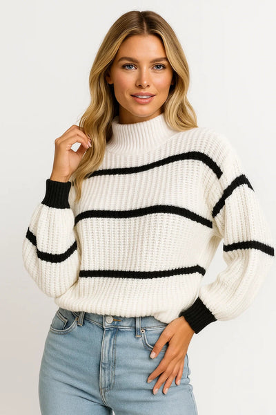 SERELLE STAND COLLAR STRIPED SWEATER